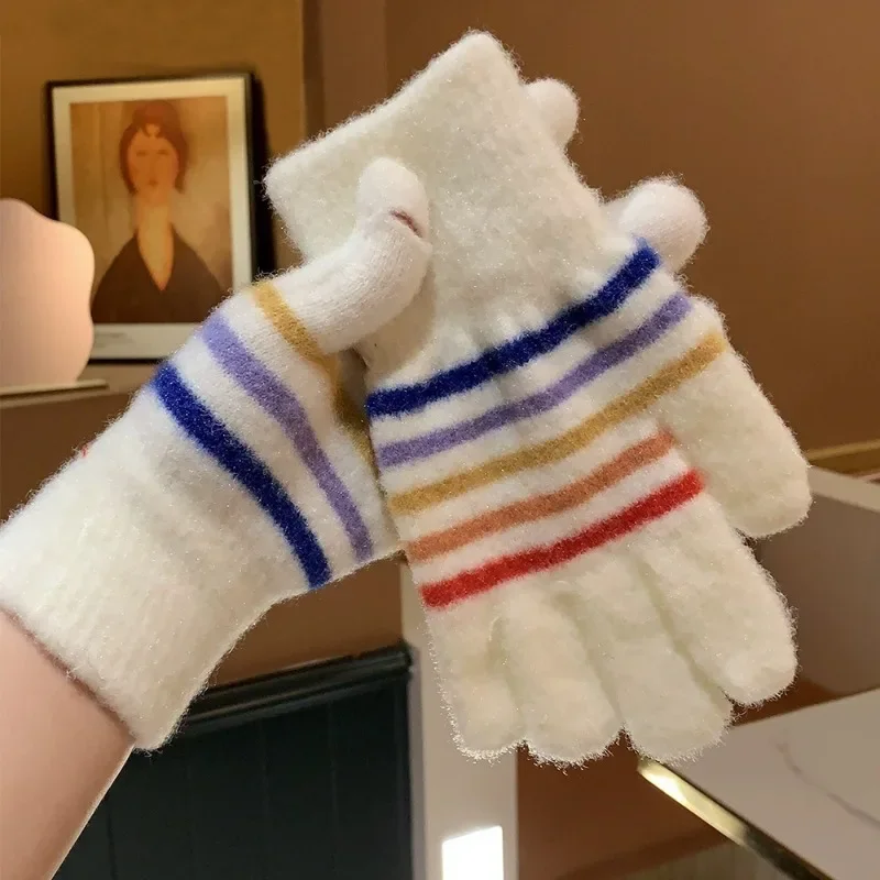 Rainbow Striped Knitted Gloves Winter Women Men Warm Soft Comfortable Gloves Cute Sweet Small Openings Gloves Fashion Accessory