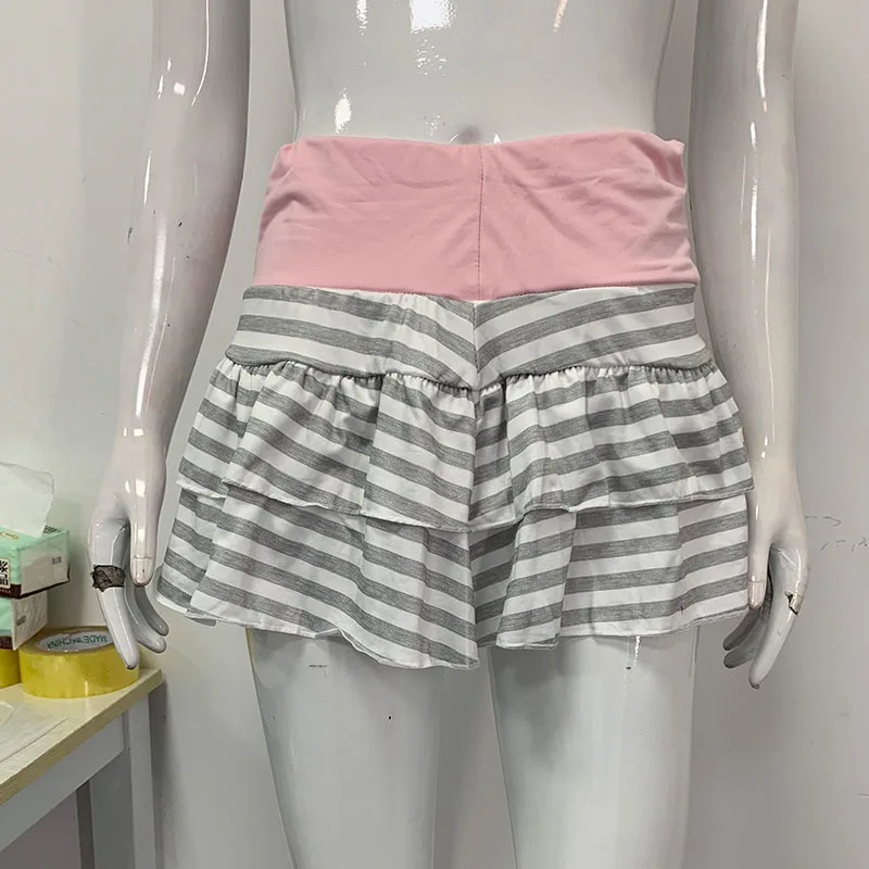 Vitality Cute Girl Mini Skirt Summer Kawaii Vintage Street Skirt Japanese Contrast Stitching Casual Fashion Striped Print Skirt