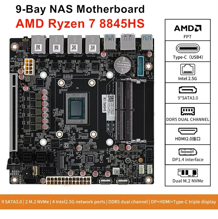 AMD Ryzen 7 8845HS N11 9-Bay NAS ITX Motherboard USB4 4xi226-V 2.5G LAN 9SATA3.0 2M.2 NVMe PCIE X16 Dual DDR5 Firewall Board