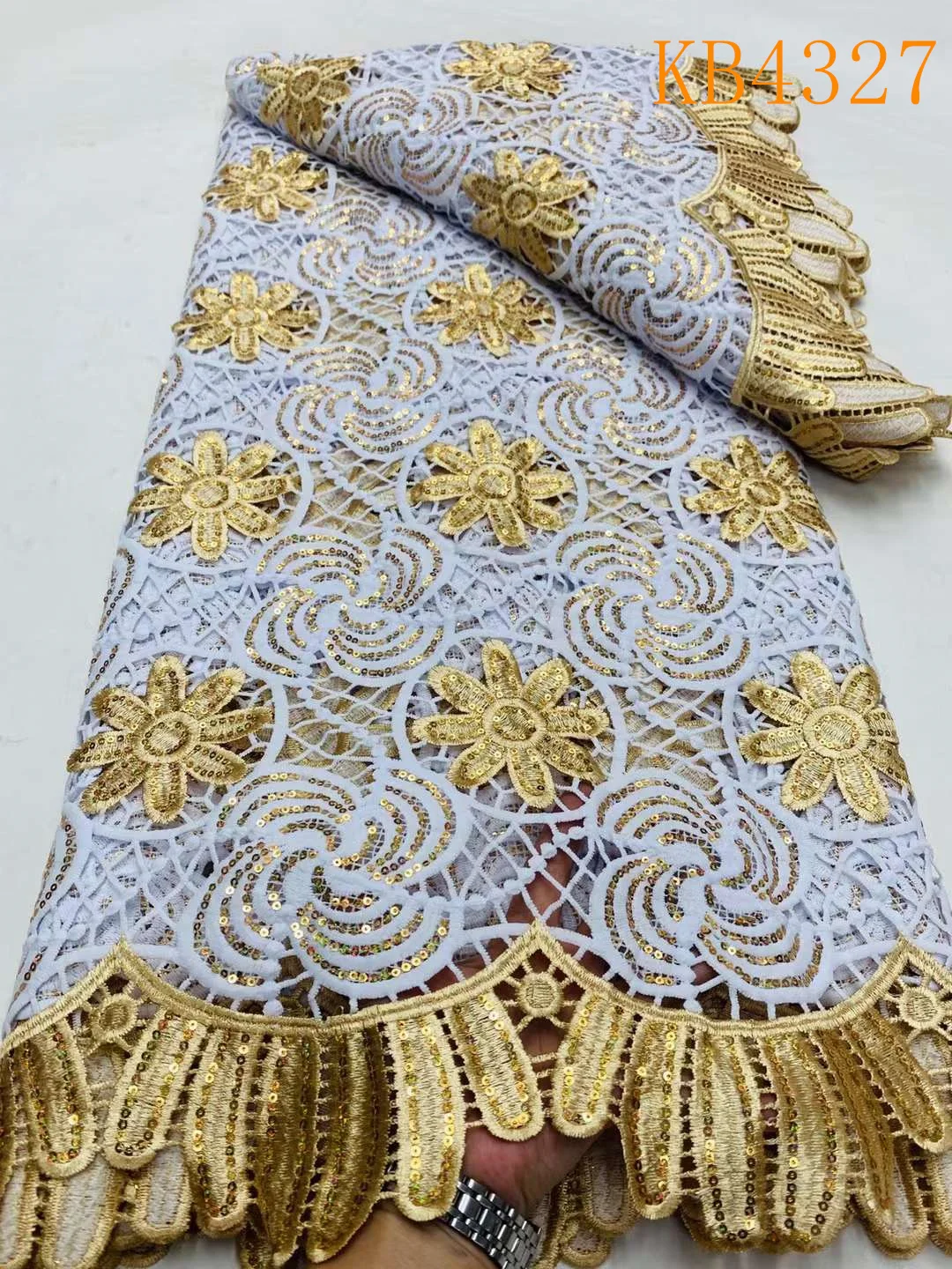 Nigeria Cord Lace with Sequin Embroidered Austria Cotton Novelty 2023 White and Gold Cotton Guipure Lace Fabric For Cloth KB3268