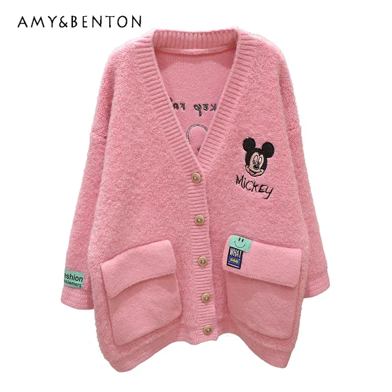 

Potdemiel Knitwear Bright Silk Blended Cartoon Embroidery Fall Mid-Length Loose Thickening Keep Warm Knitted Sweater Coats Women