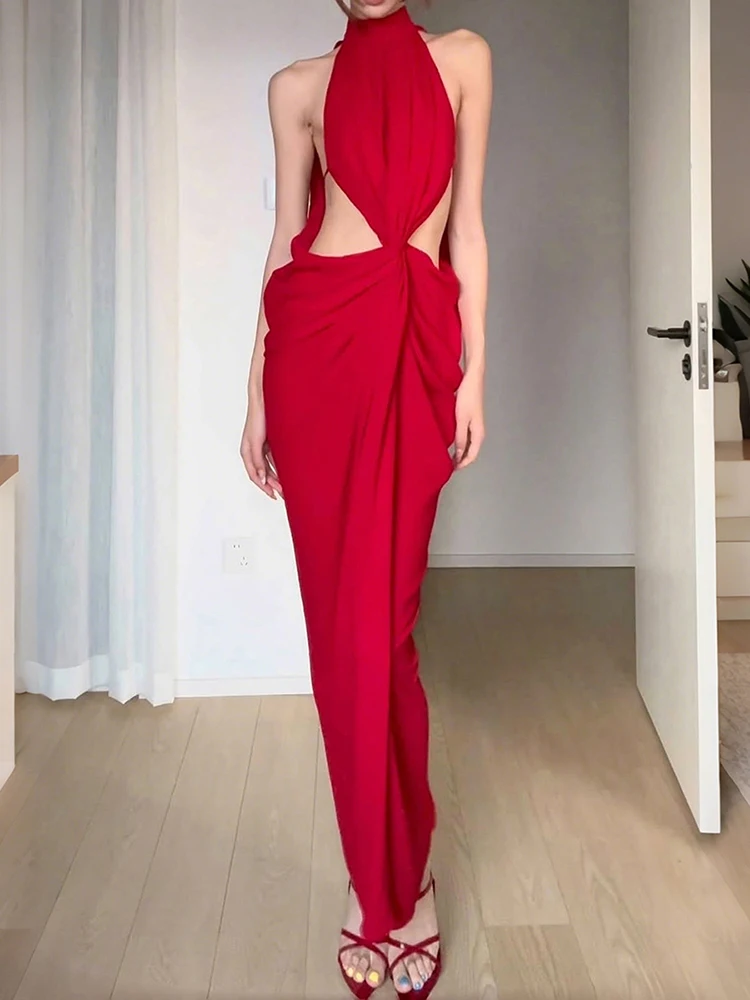 Kliou Irregular Hollow Long Dress Woman Turtleneck Off Shoulder Kink Waistless Design Midnight Prom Party Elegant Style Vestidos
