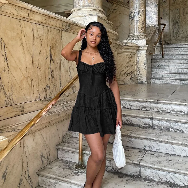 섹시한 허리 조임 레이스업 A라인 드레스 미드 웨이스트 폴리에스터 봄 시즌 무지 스커트 순색