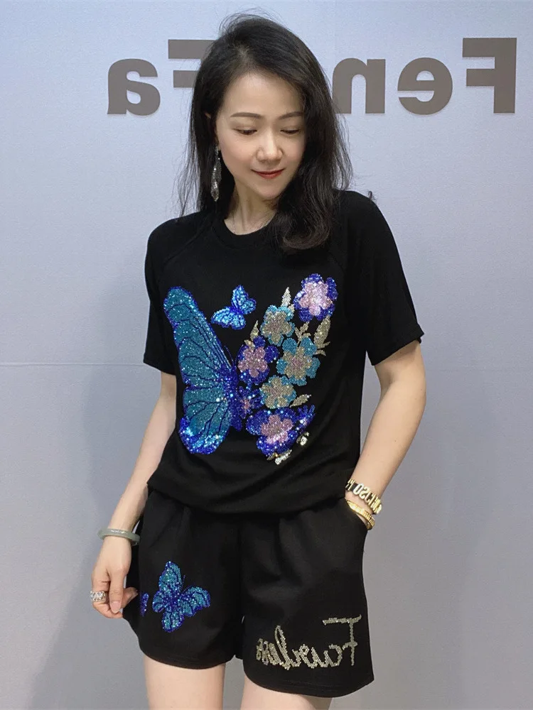 Summer Women's Fashion Set Hot Diamond Butterfly Round Neck Knitted Short Sets Two-piece Sets Wide Leg Shorts T'wo-piece set