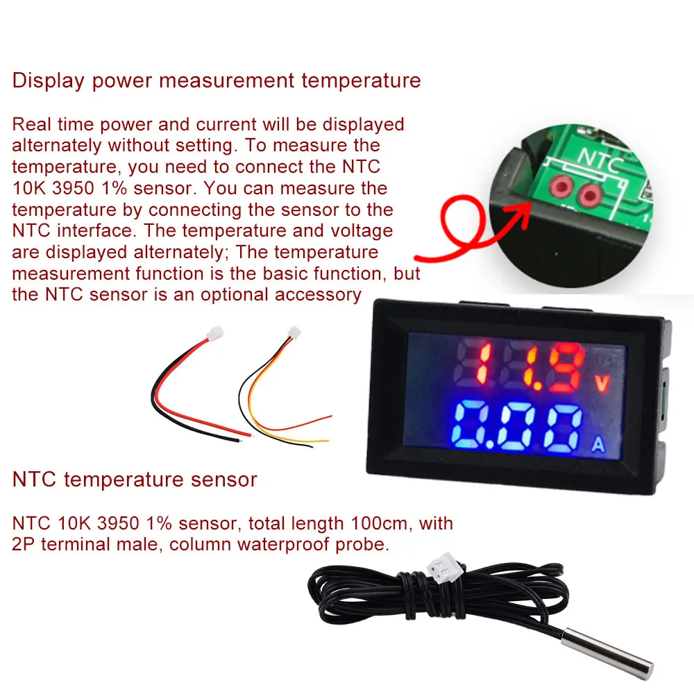 M430 Power supply DC4-30V Voltage current power Temperature Table 10A Red blue measurement range 0-100V with 1m NTC