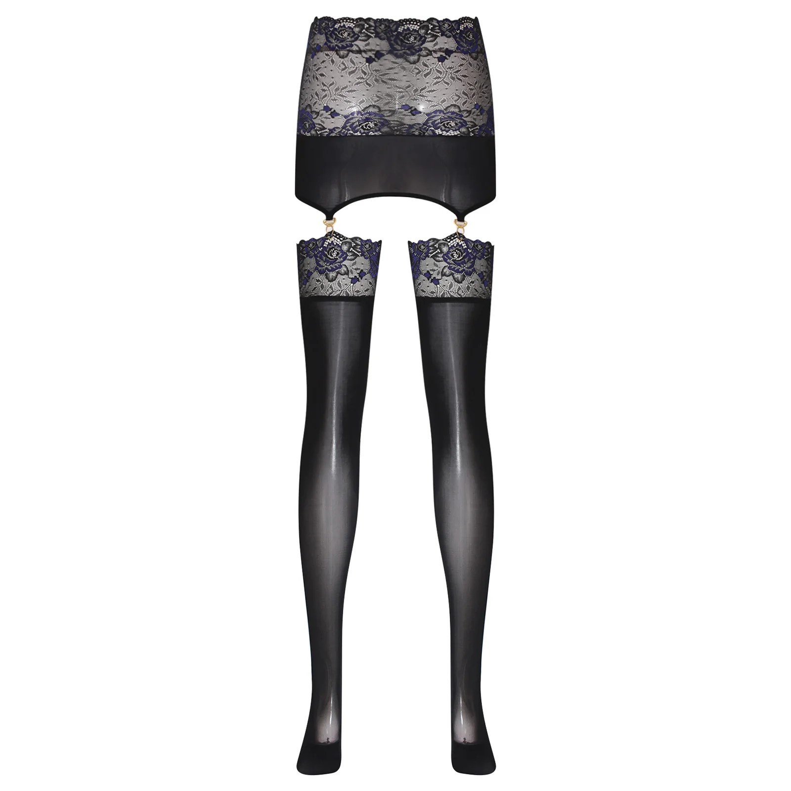 Womens Glossy Bodycon Skirt with Garters Suspender Stockings Floral Lace Trim High Waist Miniskirt Hollow Out Tights Pantyhose