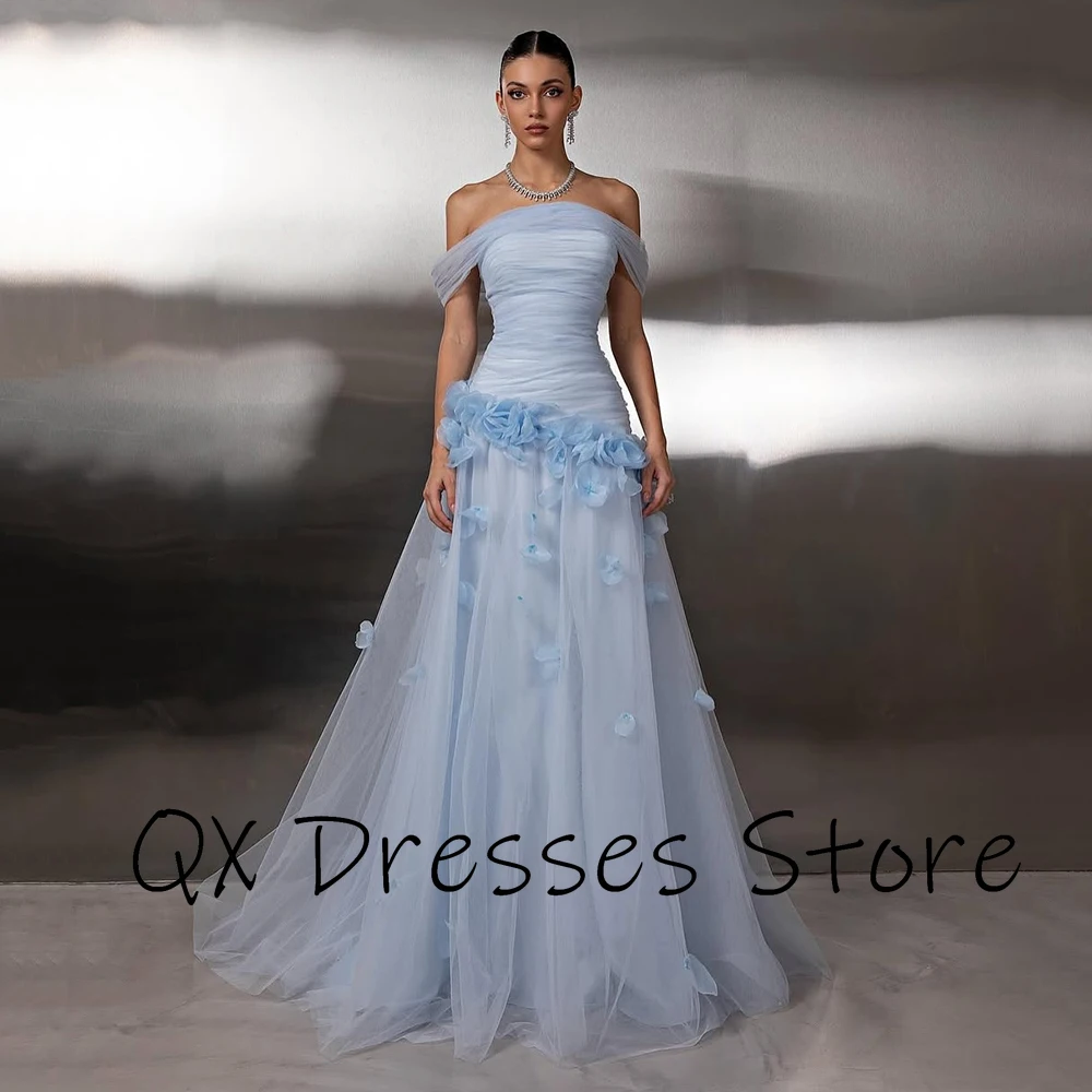 فستان سهرة مخصص مكشوف الكتفين من التول الأزرق السماوي مزين بدون أكمام سويب تراين للحفلات على شكل حرف a فستان حفلات على الأرض #3