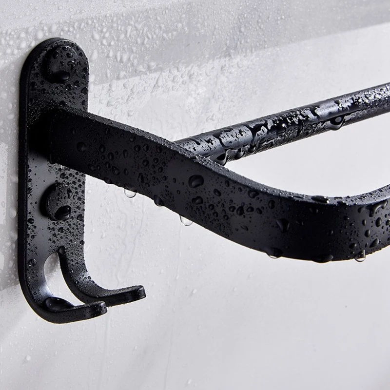 AB47-60 Cm Wall Mount Black Towel Rack Aluminum Double Rod Towel Bar With Hook For Home Hotel Bathroom Shower Accessories