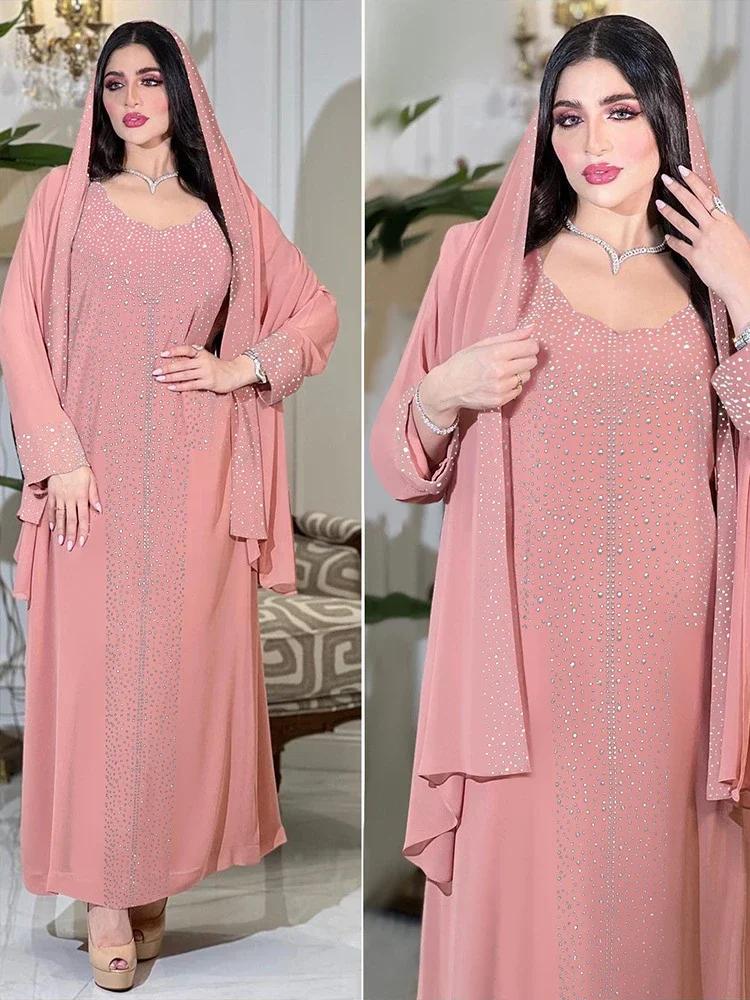 Saudi Arabic Two Piece Set Hijab & Party Dress for Women Muslim Abaya Diamond Scarf Dresses Vestidos Mujer Kaftan Abayas Robe