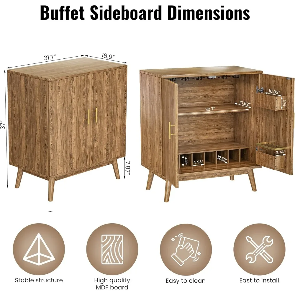 

​​"Brown Sideboard Buffet - Wine Bar Cabinet w/ Double Doors, Rack & Glass Holder"​