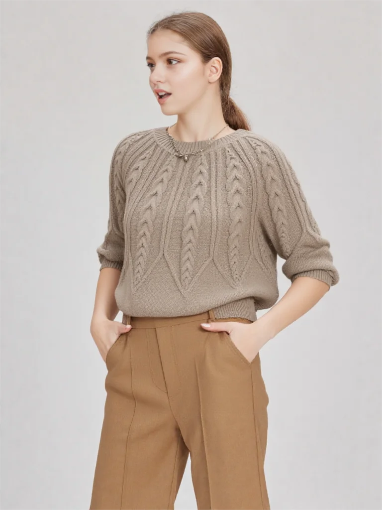 

Women's Christmas Knitting Red Sweater Round Neck Fried Dough Twists Design Pullover Sweater Winter Lantern Sleeve Loose Top