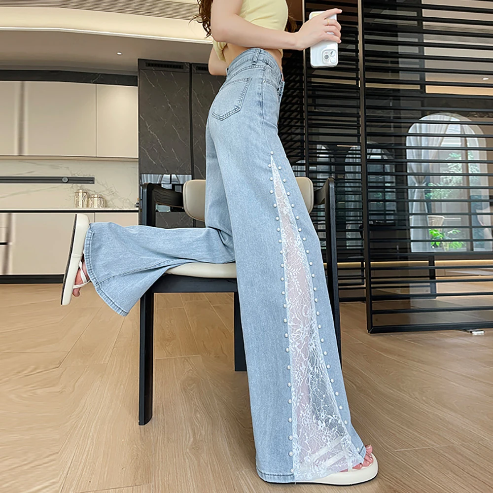 Jeans Kaki Lebar Tambal Sulam Renda untuk Wanita Celana Denim Desain Manik-manik Pinggang Tinggi Mode 2025 Celana Panjang Sutra Es Longgar Lurus Baru