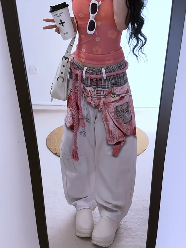 Sweet Cool Spicy American Style 3D Painted Curved Knife Wide Leg Jeans Loose Slimming Women's Spring Summer Design Loose Floo...