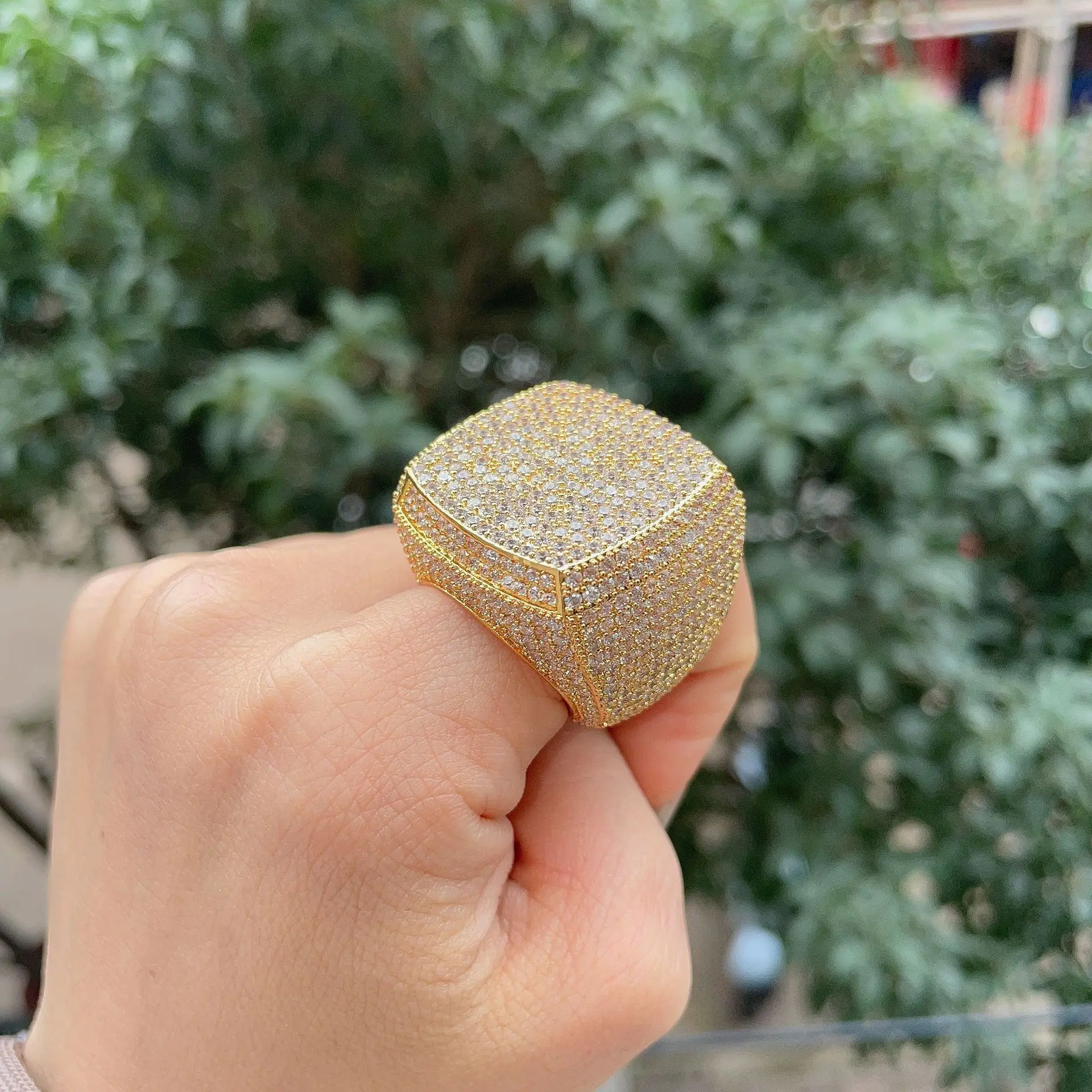 Hip Hop 5A+ CZ Stone Paved Bling Ice Out Big Round Finger Rings for Men Women Rapper Jewelry Rose Gold Silver Color