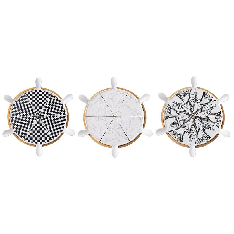 6 PCS Luxury Ceramic Pizza Tray With Rotating Base Household Round Cake Dessert Flat Plate Hotel Tableware