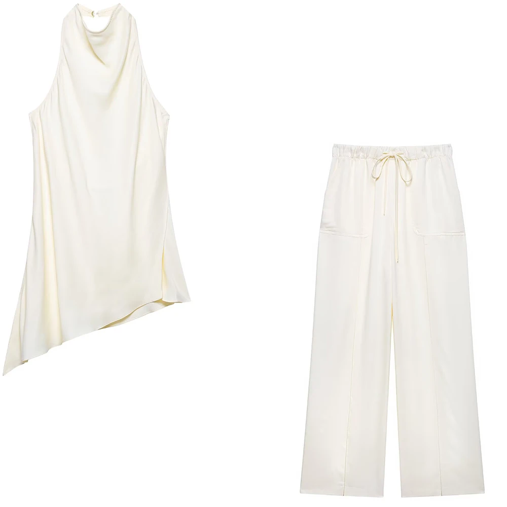 

2025 new women's clothing European and American style casual fashion simple hanging neck backless top&wide leg pants set