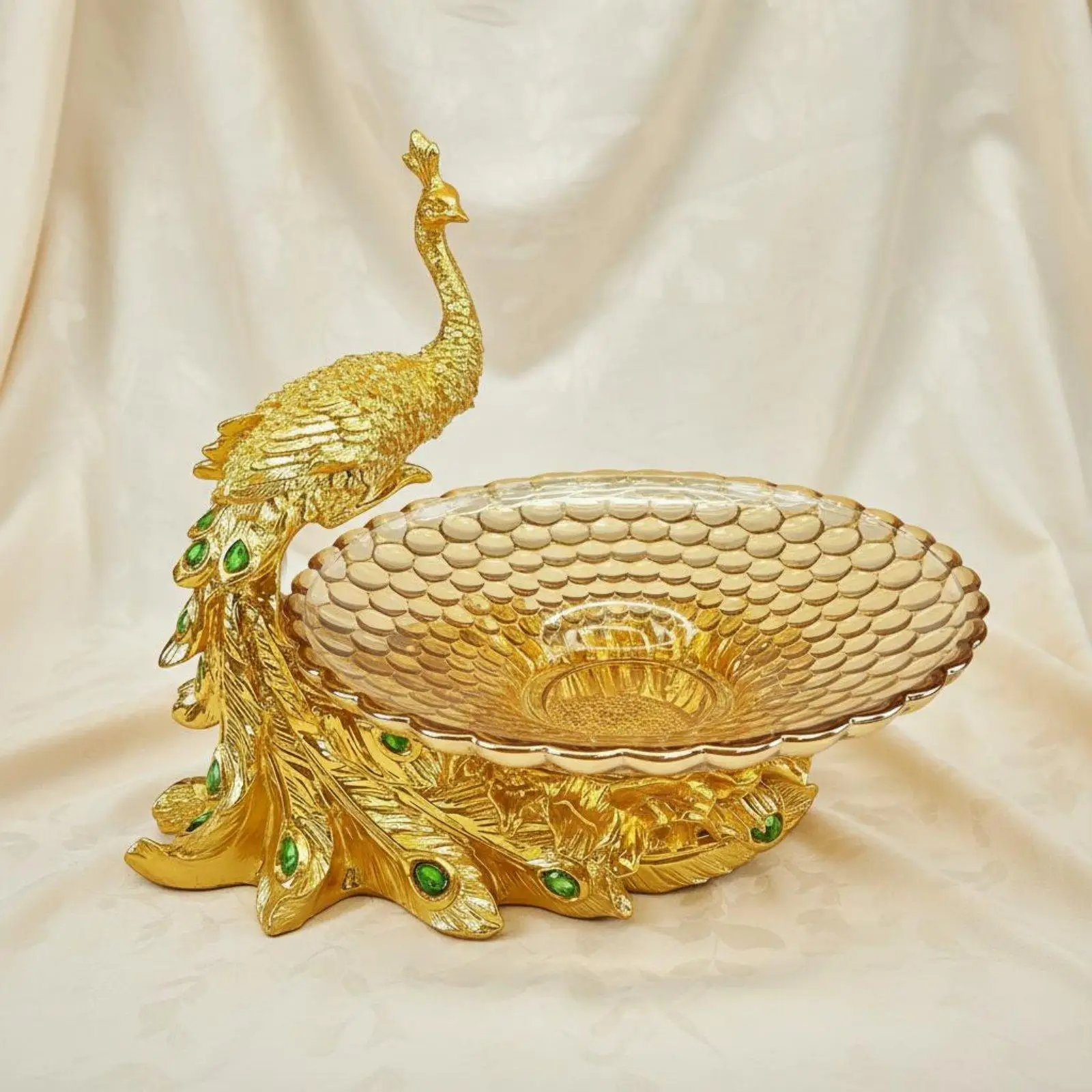 Decorative Peacock Bowl Gold Finish Resin Fruit Tray with Crystal Accents for Entryway Console Sofa Table Home Accent