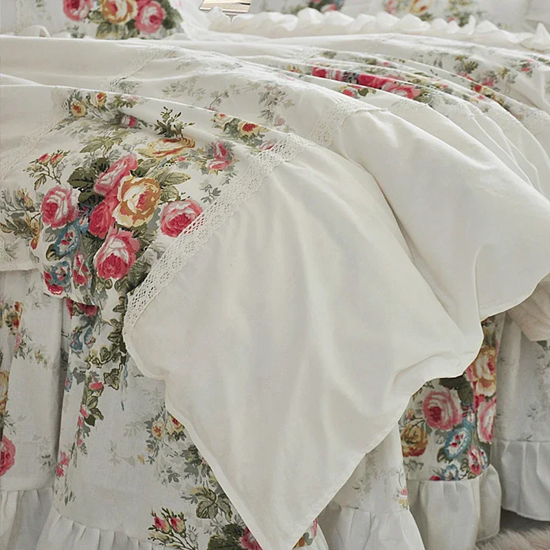 Luxury White Princess Bedding Set Korean Style 100% Cotton Pastoral Flower Printing Ruffles Duvet Cover Bed Skirt Pillowcases