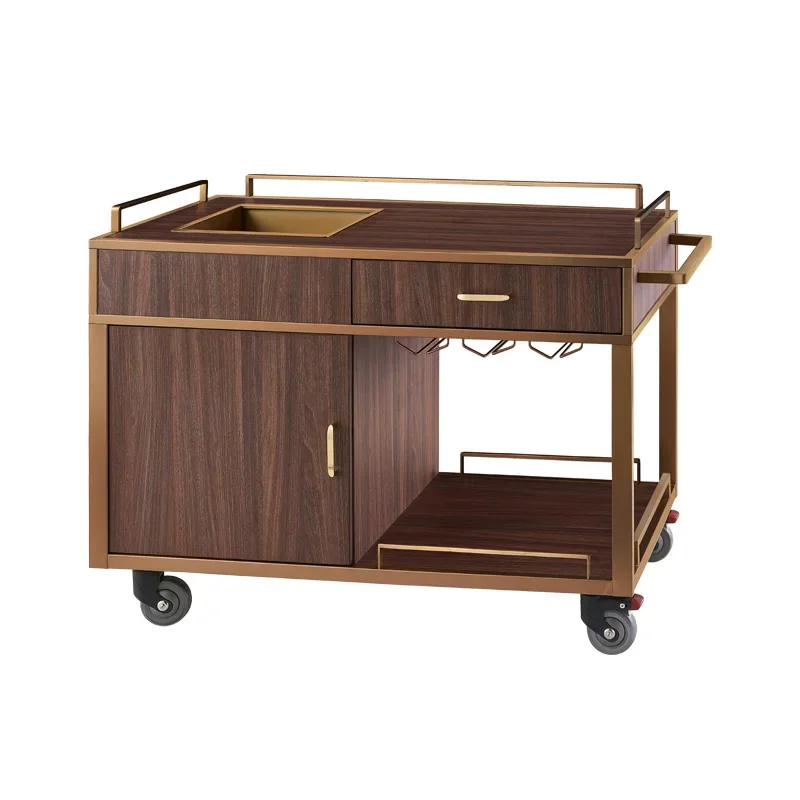 Modern walnut and stainless steel restaurant wine glass rack bar cart