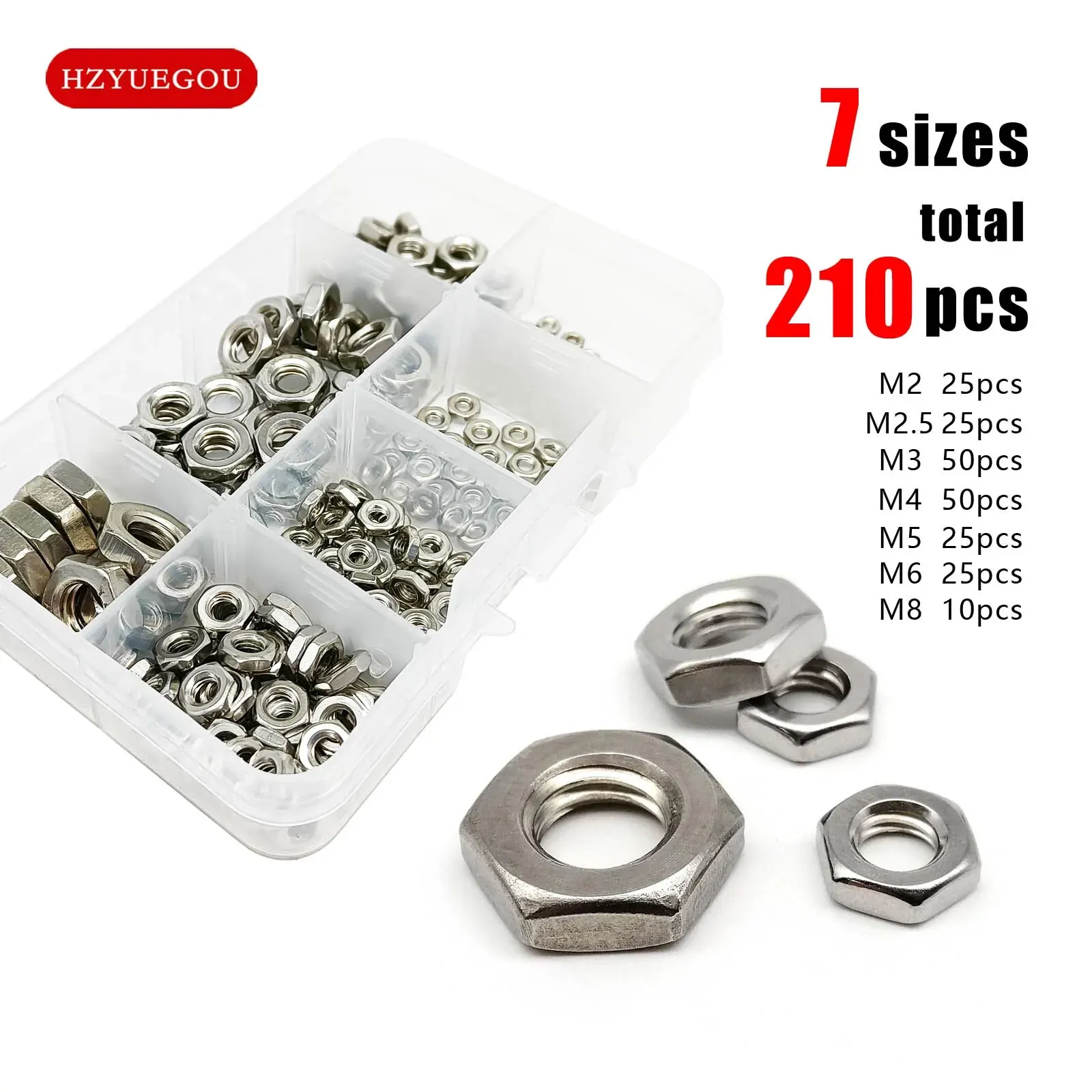210pcs Hex Thin Nut Hexagon Jam Nut Set Mix M2 M2.5 M3 M4 M5 M6 M8 Assortment Kit Box 304 A2-70 Stainless Steel DIN439 GB6172