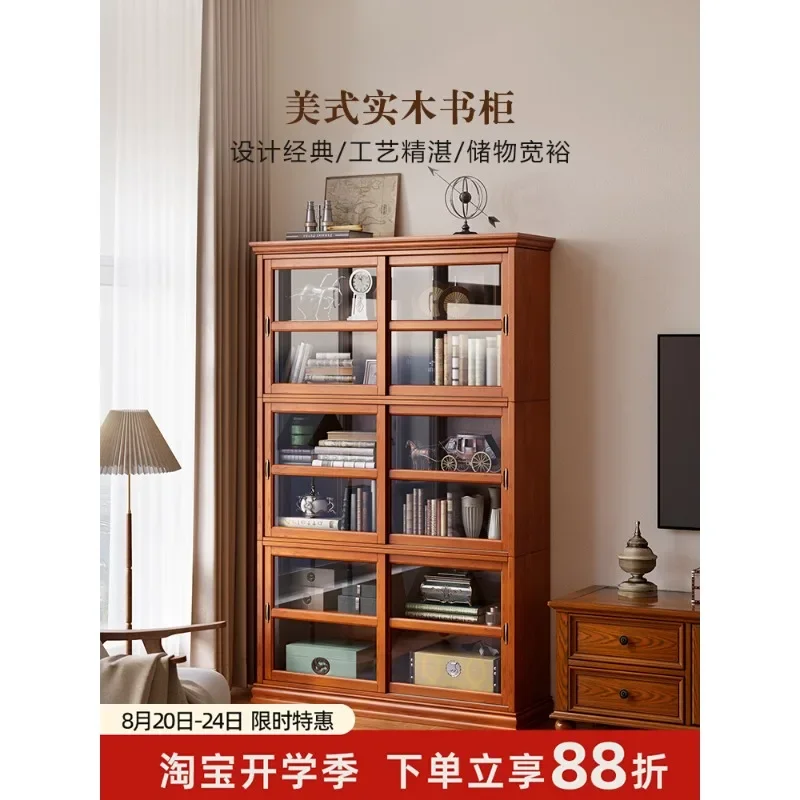 American solid wood bookcase with glass door dustproof household retro display cabinet living room floor sliding door bookshelf - view 2