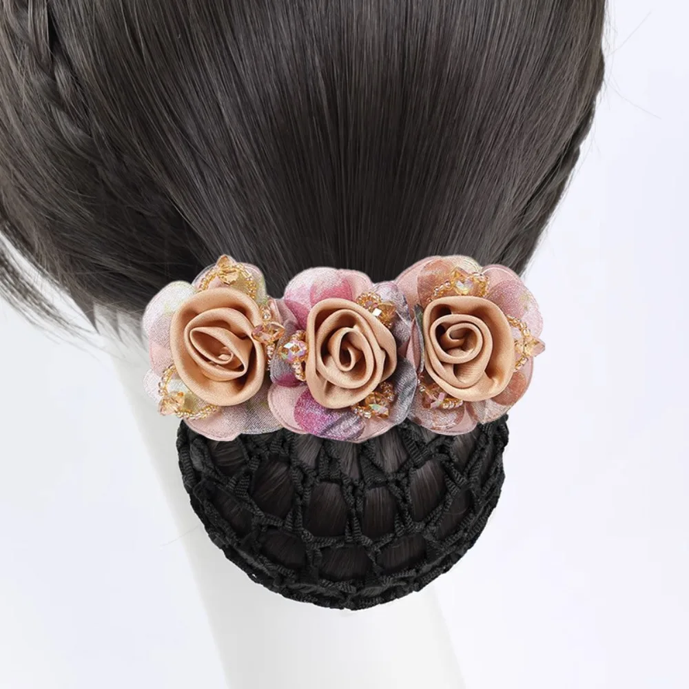 Updo Styling Tool Flower Hair Net with Spring Clip Elastic Net Hair Bun Holder Retro Style High-End Barrettes For Mother