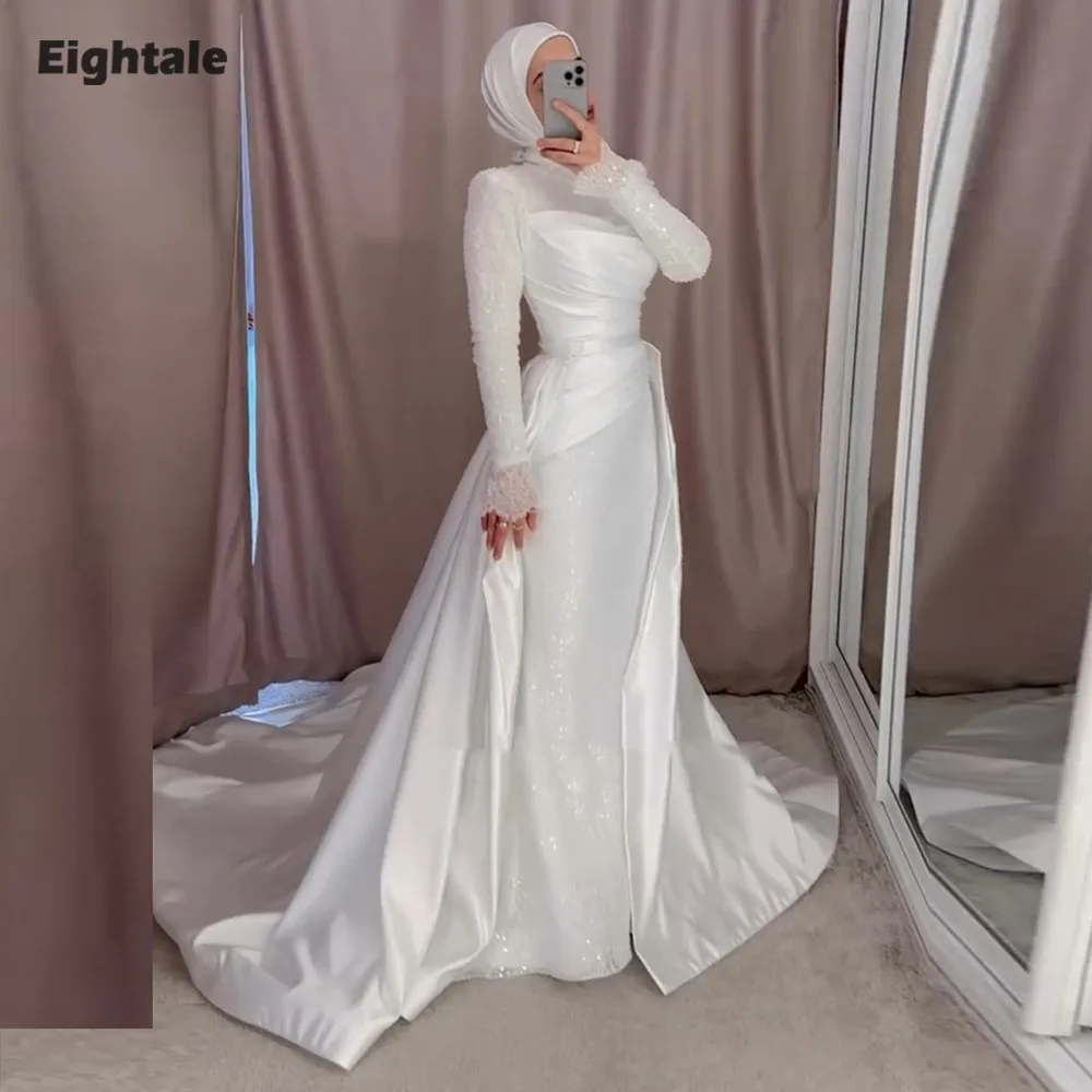 Robes de mariée arabes de quatre-quarts personnalisées paillettes manches longues sirène robe de mariée en Satin ivoire avec jupe détachable