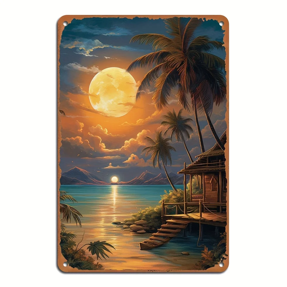 1PC Tropical Beach Sunset Metal Wall Art Iron Palm Tree And Ocean Theme Home Bar Garage Decortion 8x12 inches