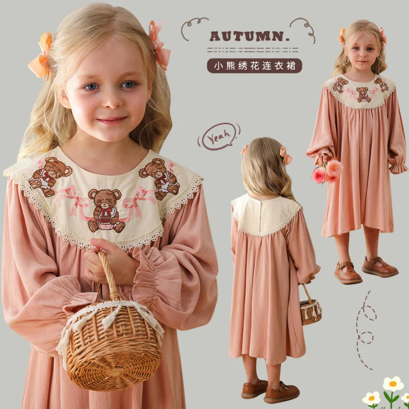 2024autumn bear machine embroidery girls dress lace fashionable long sleeve skirt cotton and linen