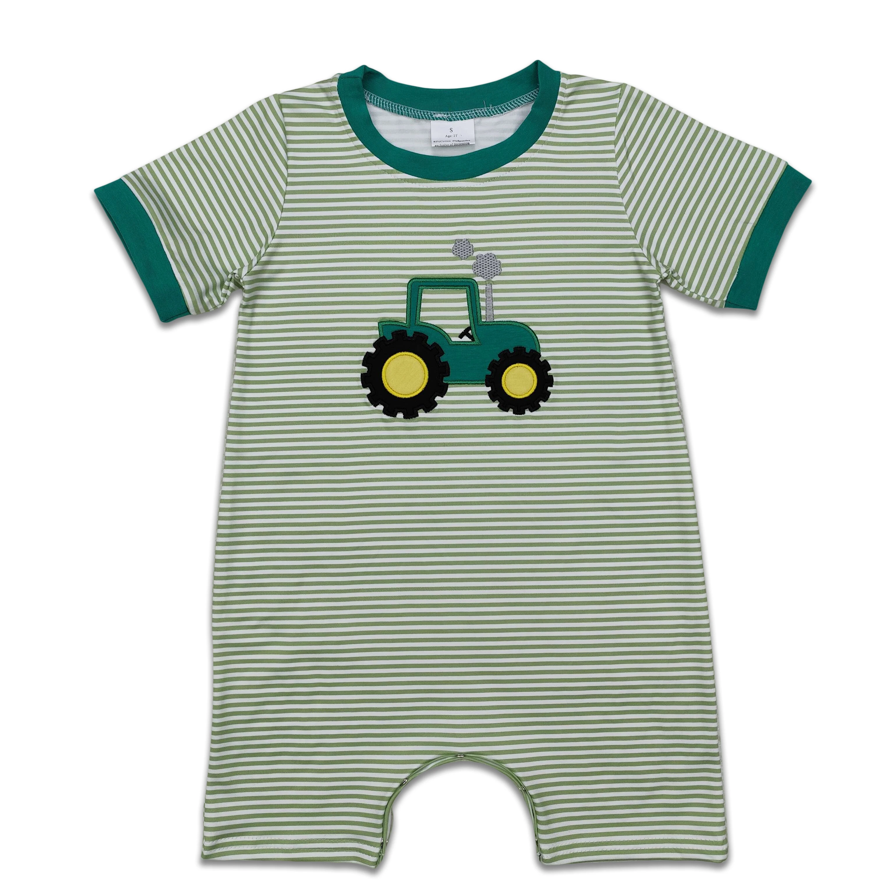 Wholesale Kids Newborn Embroidery One-piece Coverall Bodysuit Baby Boy Toddler Tractor Stripes Romper Jumpsuit Farm Clothing