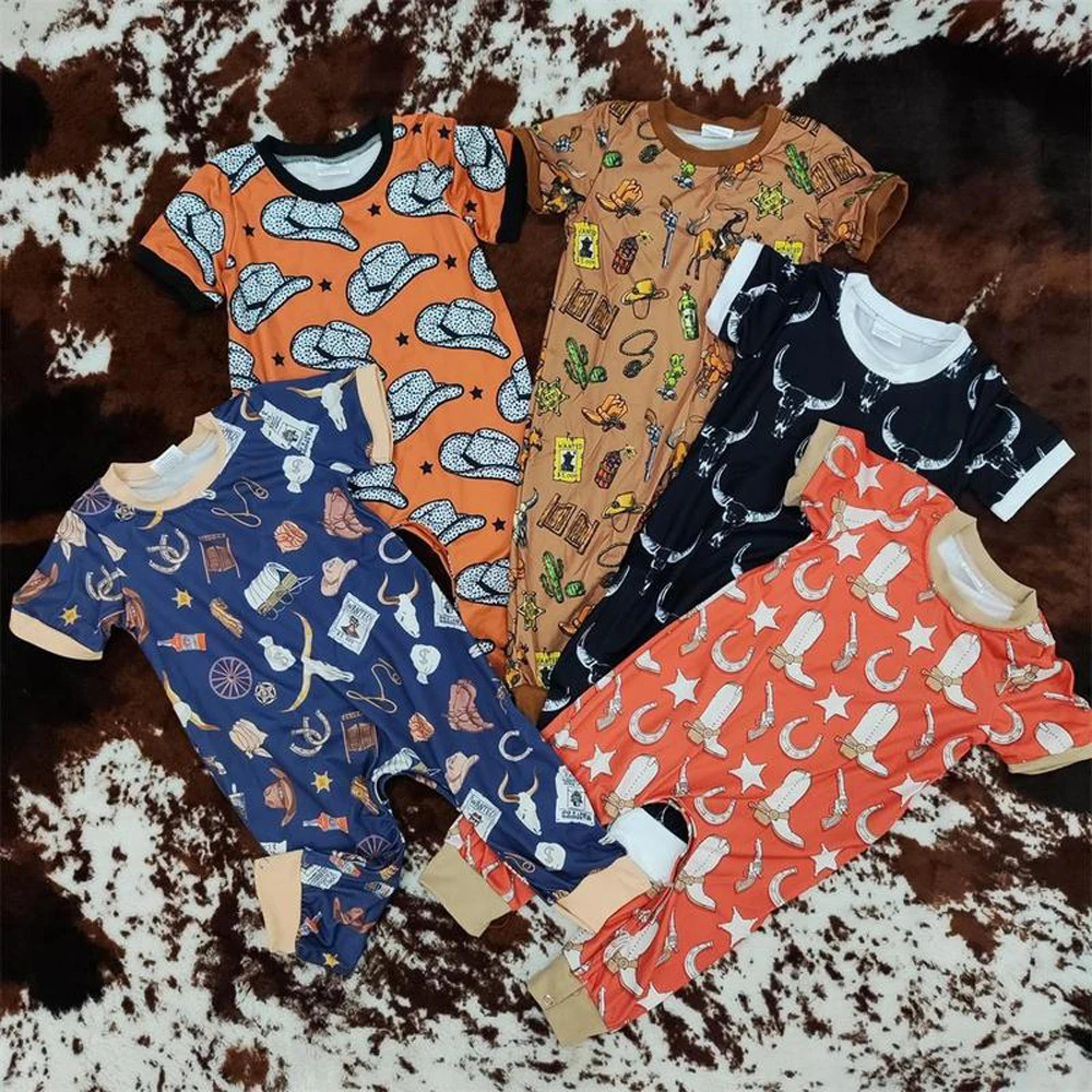 

z1016-18 SR0187 Wholesale baby rompers kids clothes boys western boots hats catcus short-sleeved romper Summer Boutique