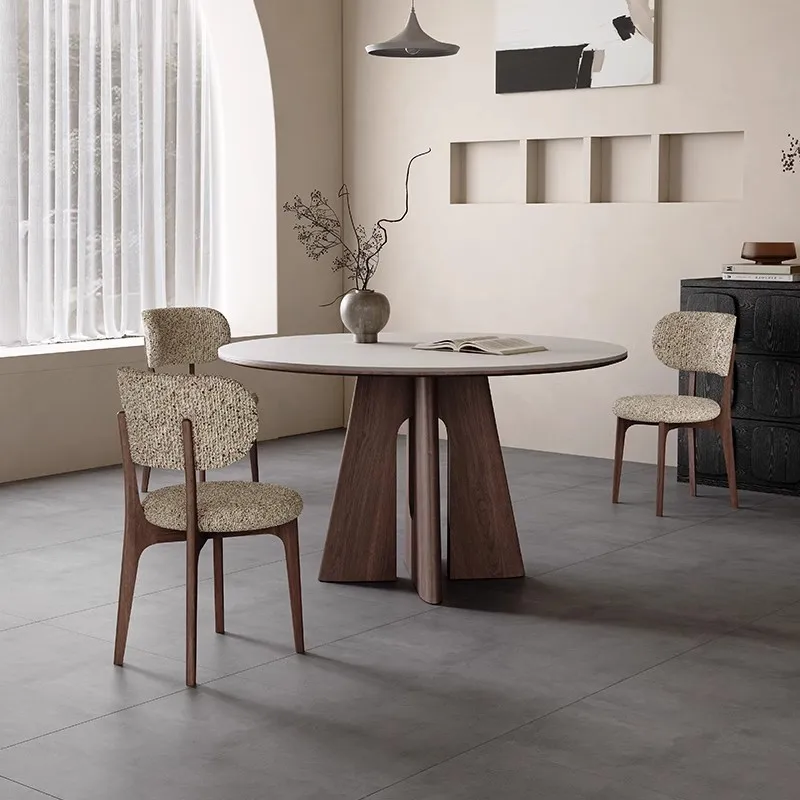 Nordic slate dining table round table white matte modern simple small apartment wabi-sabi style walnut solid wood dining table a