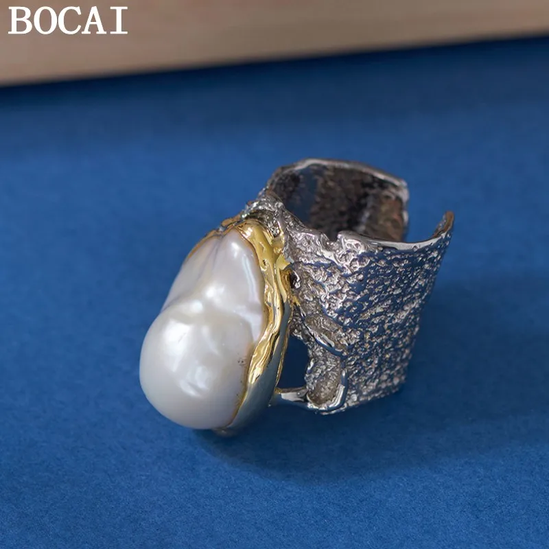 

BOCAI S925 Silver Charms Rings for Women New Fashion Baroque Freshwater Pearl Contrast Colors Exaggerated Jewelry Wholesale