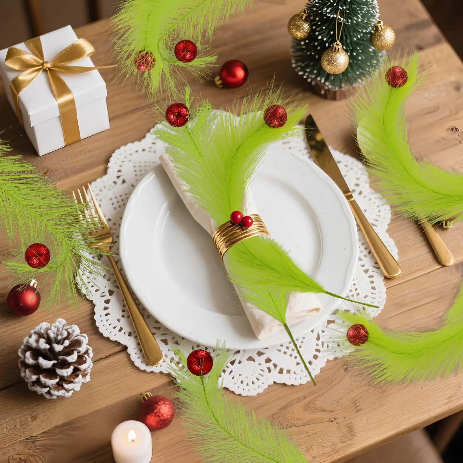 3/12PC Weihnachtssprays für den Baumspitzen-Dekor, Limettengrün, lockig mit roter Kugel, künstliche Pampasgras-Stiele für Weihnachtsbaum-Dekorationen und Heimdekoration – Detail 6