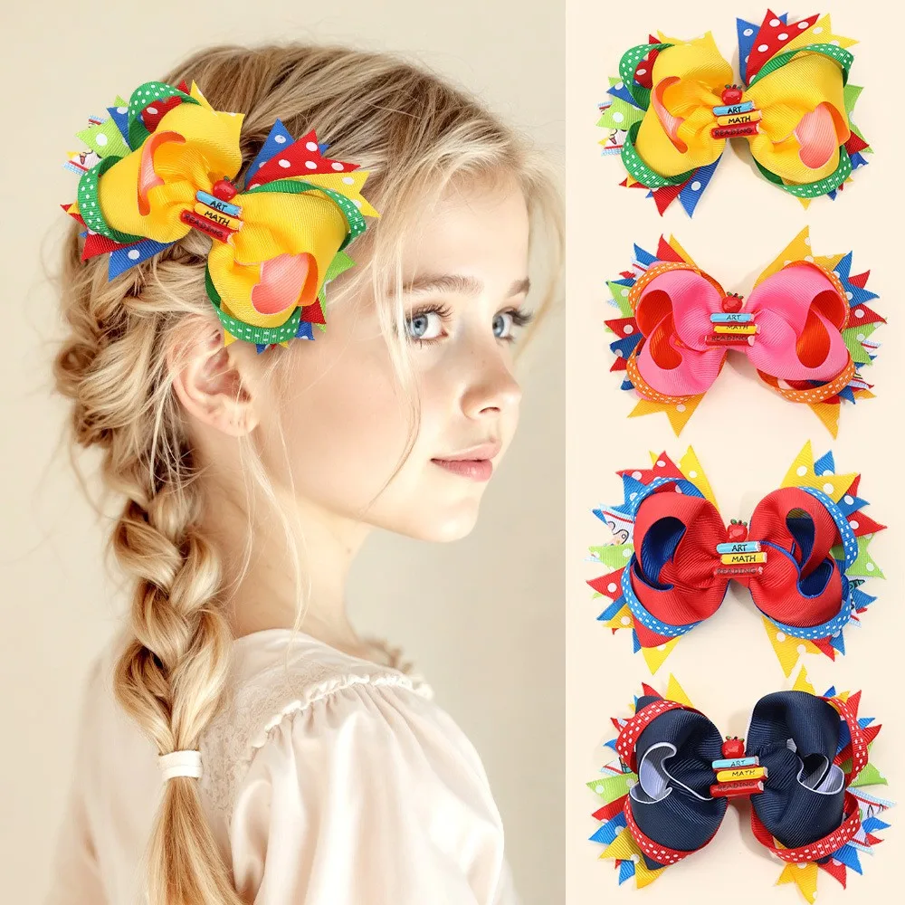 

20pcs/lot Girls Hair Clips Dot Spot Print Ribbon Bows & Apple Fruit Pattern Back to School Barrettes Kid Headwear Bulk