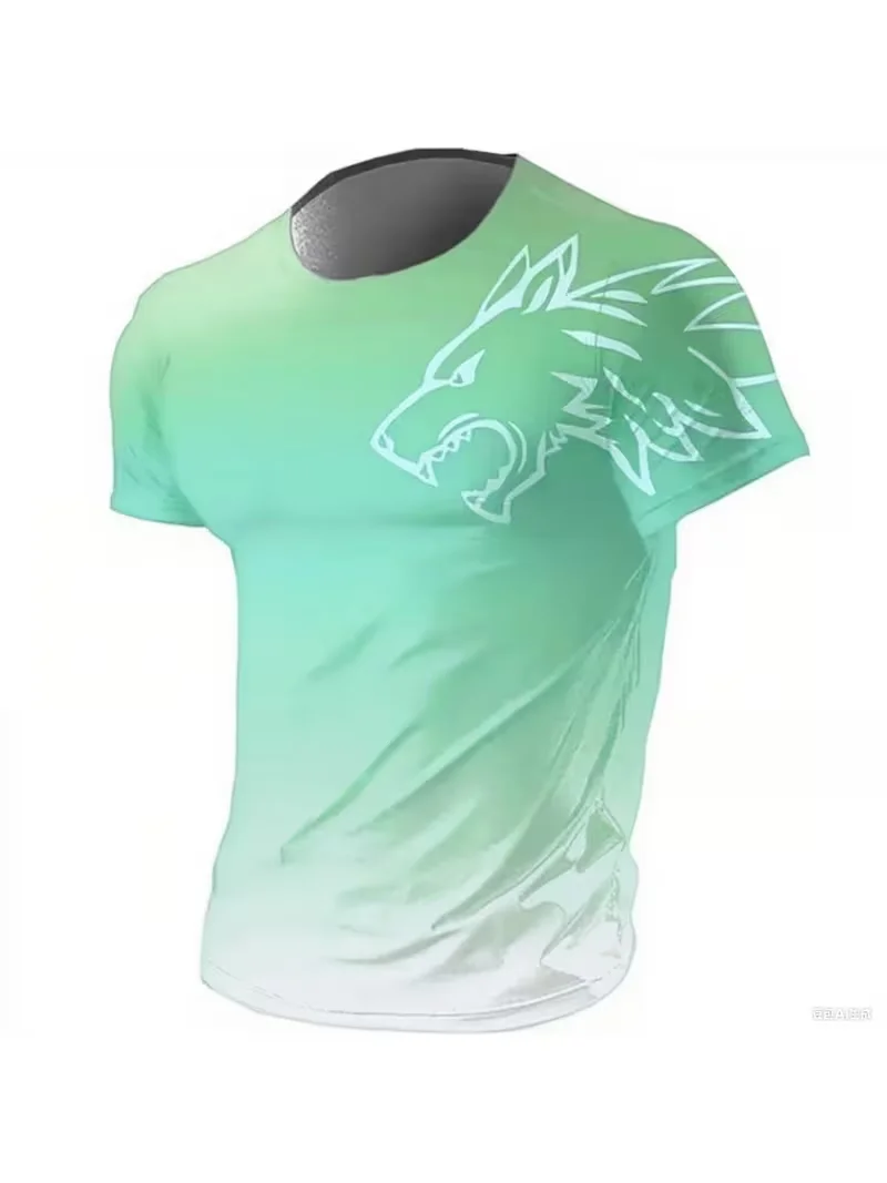 Mens T-shirt red dark gradient white howling wolf head shoulder print short sleeve crew neck wild street casual top