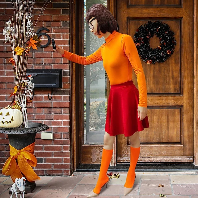 Velma Cosplay Uniform Anime Woman Orange Top Skirt Socks Halloween Costume Set Girls Velma Magnifying Glass Socks and Glasses AliExpress