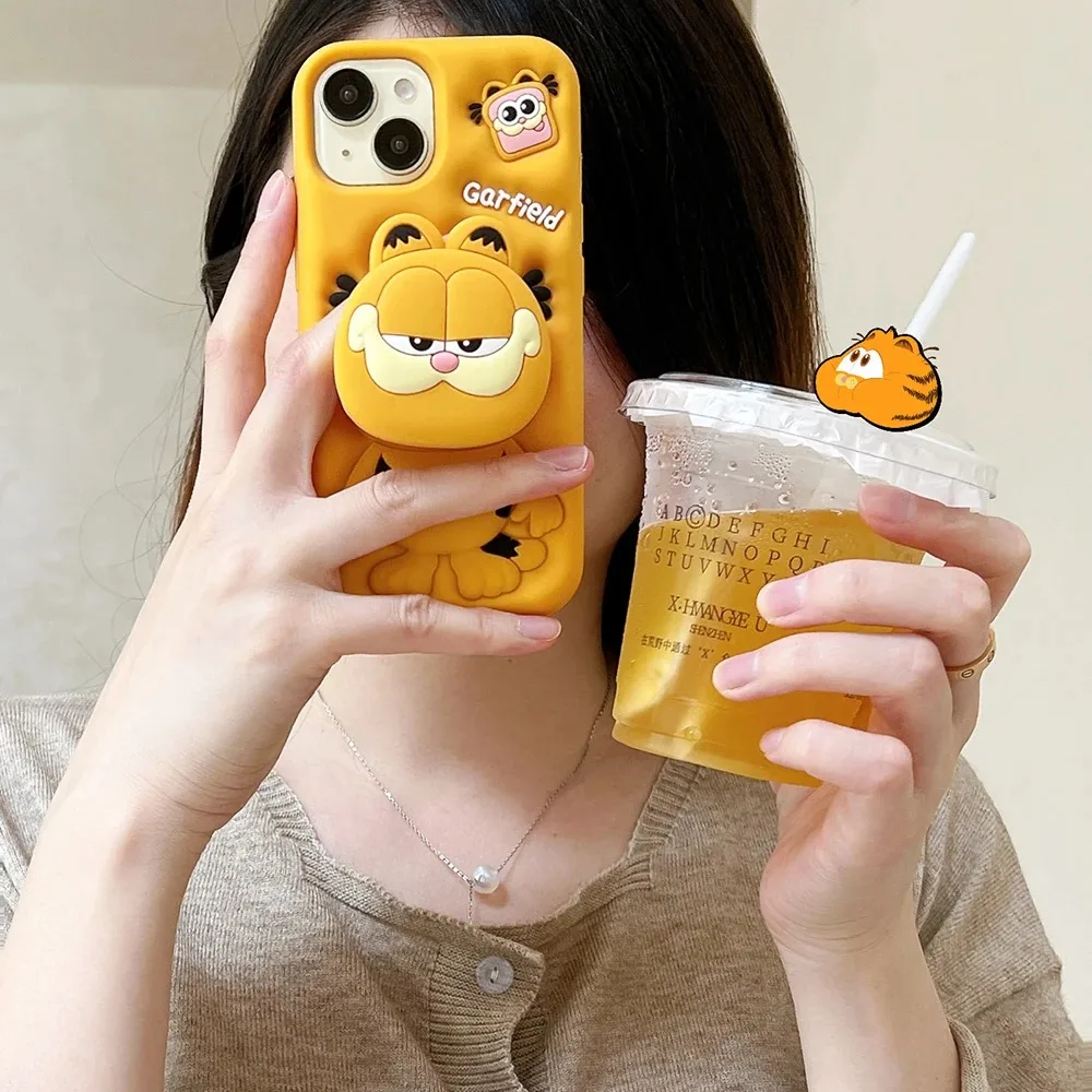 Funny Garfield Cat Cover With Stand Holder Soft Silicone Case for iPhone 16 15 14 Plus 13 12 11 Pro Max