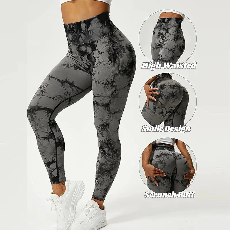 Leggings senza cuciture Tie Dye per pantaloni da Yoga a vita alta da donna, collant elastici per il sollevamento del culo Scrunch