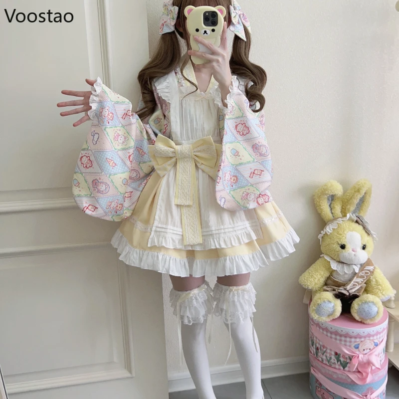 Japanese Sweet Lolita Kimono Dress Women Kawaii Cartoon Print Bow Apron Maid Cosplay Costumes Girls Vintage Animation Show Dress