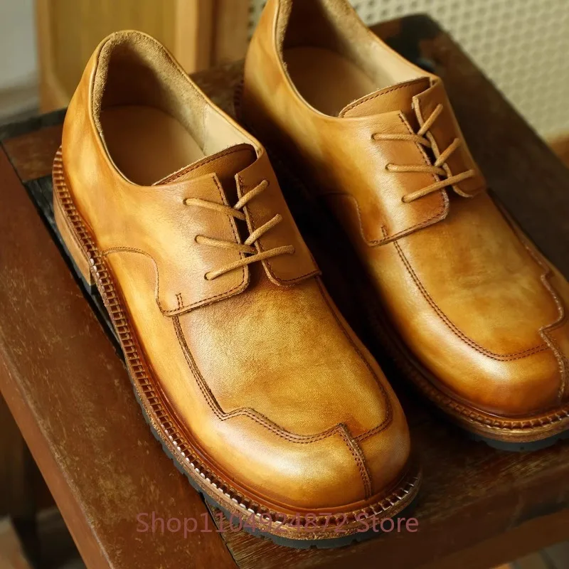 Designer British Style Round Toe Genuine Leather Sewing Thick Soled Commuting Men's Shoes Cowhide Dress Leather Shoes Man