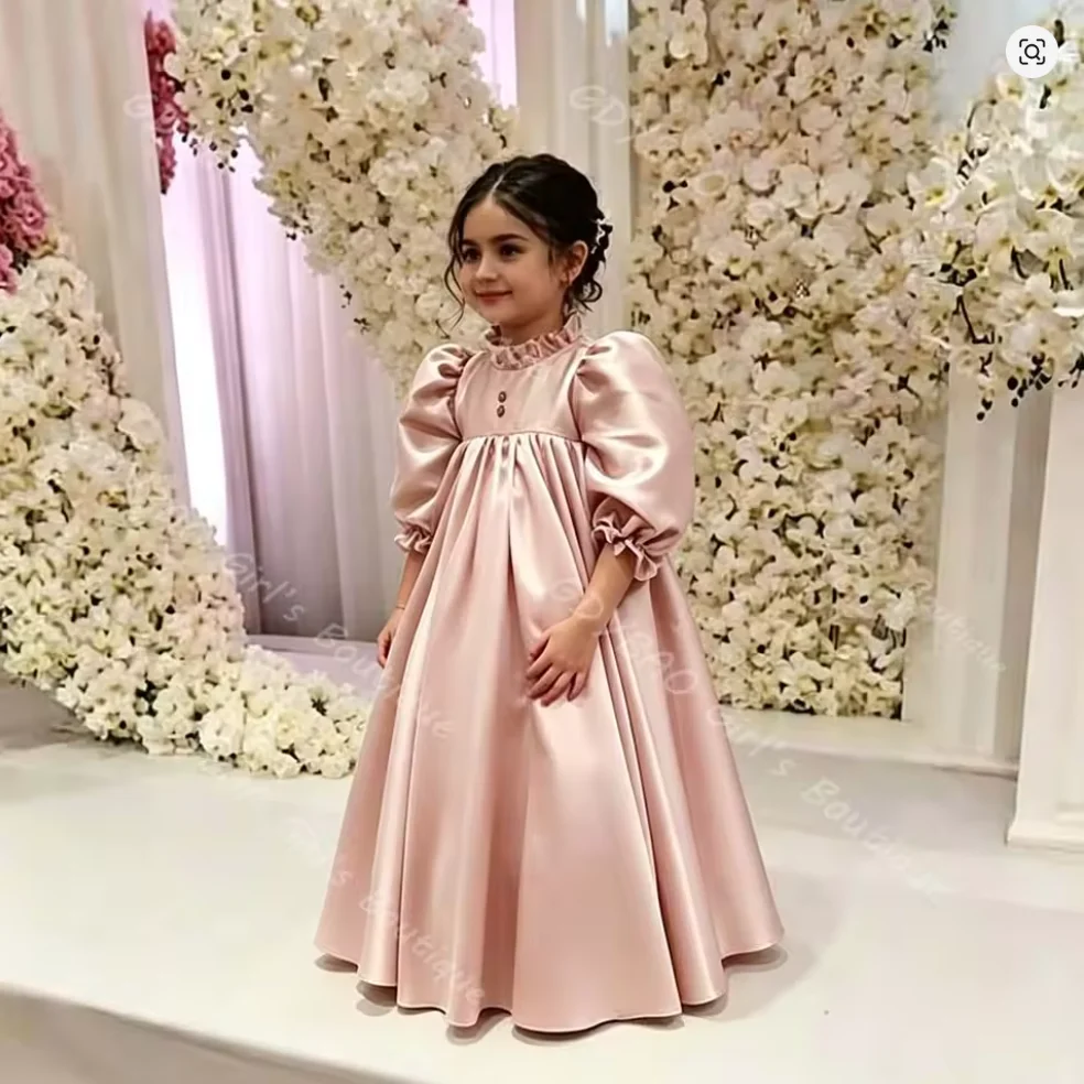 Vintage First Communion Dress For Girls High Waist Balloon Sleeve Ball Gown Long Satin Pleated Wedding Flower Girl Dress Custom