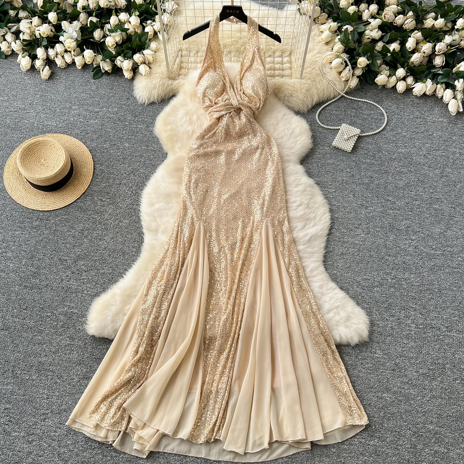 Elegant Sleeveless Vintage Halter V-neck Sexy Backless Sequin Bandage Slim Mermaid Long Dresses Evening High Street Clothing