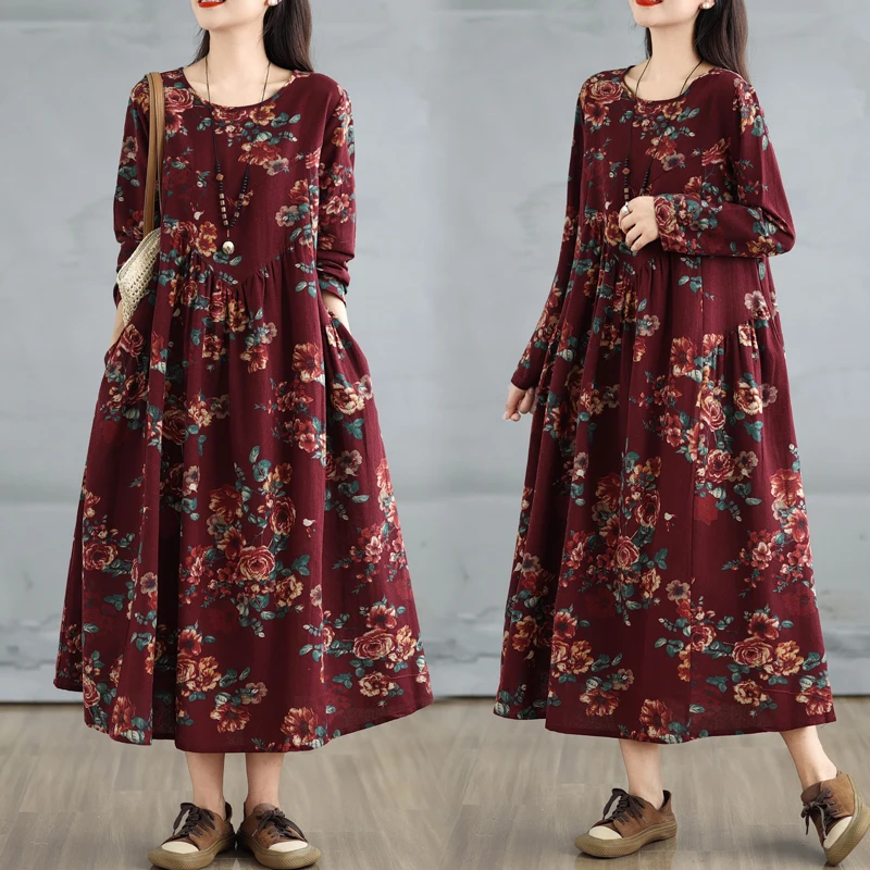 

Retro Cotton Linen Print Long Sleeve round Neck Loose plus Size Slim Splicing A-Line Dress Spring Autumn New Style Women's Dress