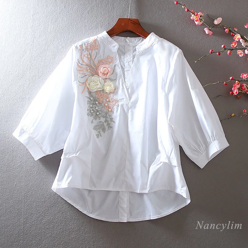 High Waist Short Chic High-Grade Socialite Temperament V-neck Short Sleeve Cotton Shirt Women's Loose Blouse Top Summer