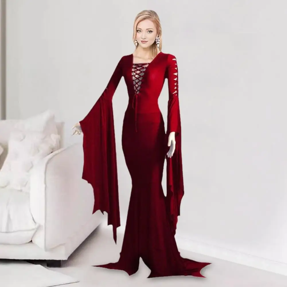 

Women Slim Fit Dress Elegant Lace-up Vampires Cosplay Maxi Dress for Women with Irregular Ruffle Cuff Bell Sleeves Hollow Out