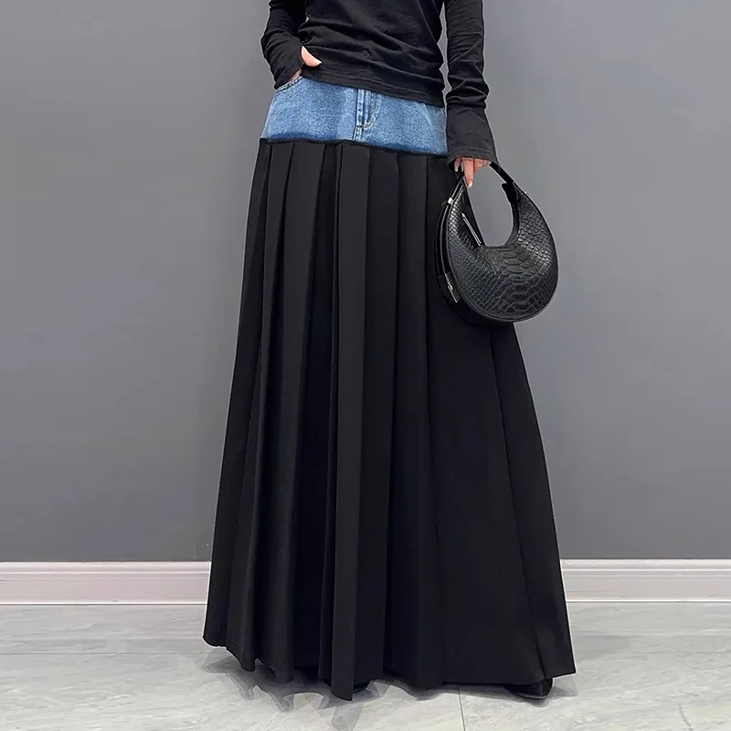 

Pleated Skirt Women Long Skirts Denim Patchwork High Waist Washed Distressed Vintage Floor Length 2025 Streetwear A Line