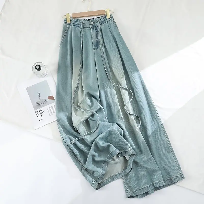 

Summer Thin Drop Denim Pants for Women Wide Leg Loose Jeans Female Plus Size Trousers in Blue