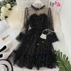 Women Dress Star Shiny Sequin Star Flare Sleeve Lace Up Priceess Korean Fashion Solid Color Elegant Mesh Lace Summer Clothing
