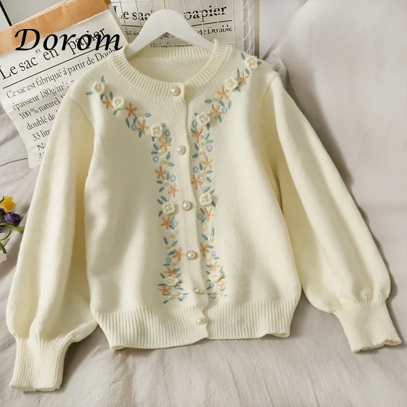 Cardigan Vintage con ricamo floreale donna coreano Casual o-collo bottone di perle maglione lavorato a maglia cappotto autunno maglioni larghi